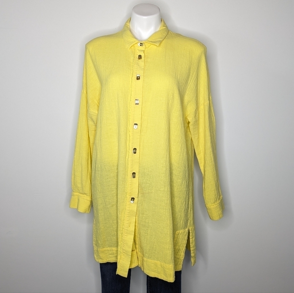 3/$15 Soft Surroundings Yellow Linen Cotton Blend Long Sleeve Button Up M